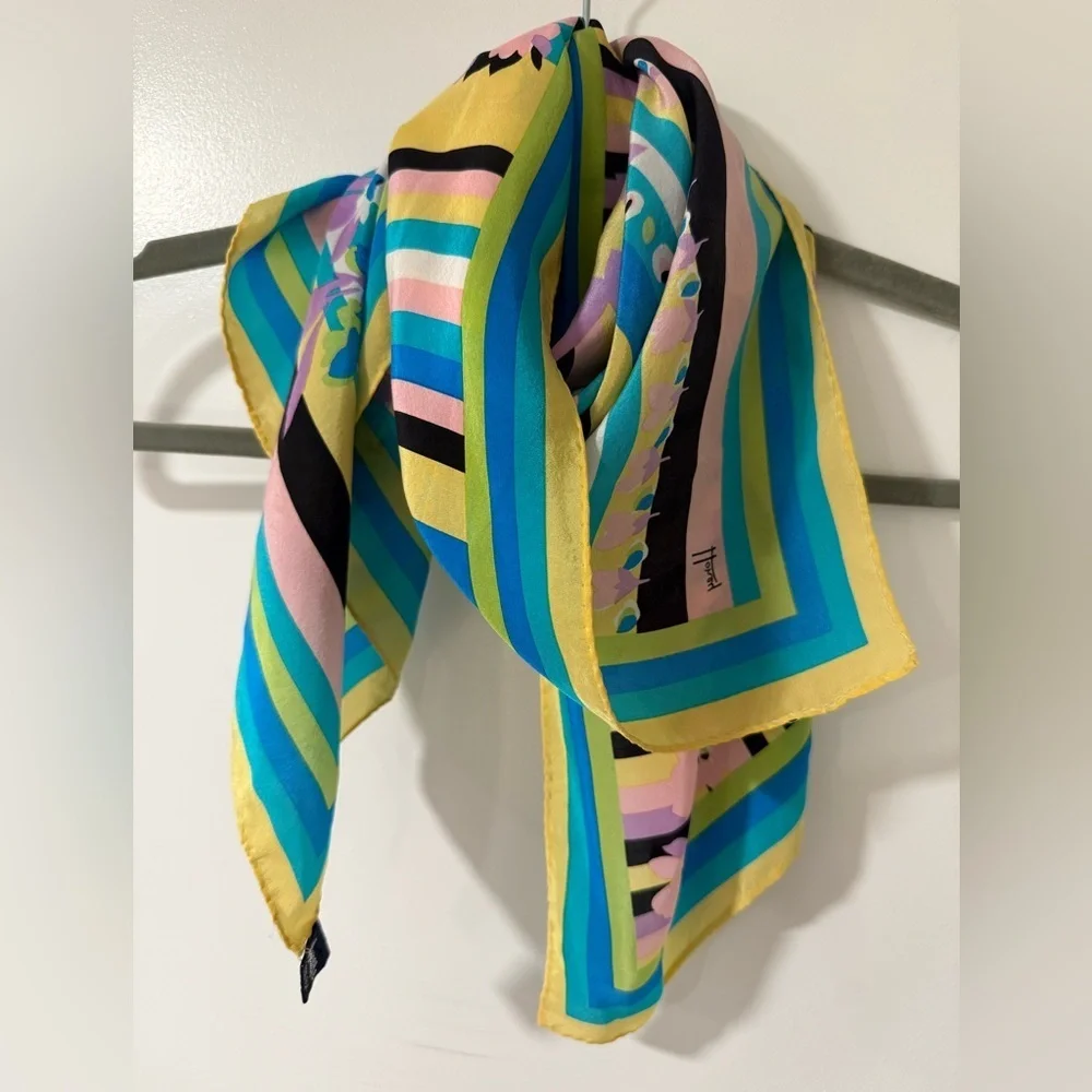 Honey Silk Square Scarf Floral Stripe Multicolor Vintage Style